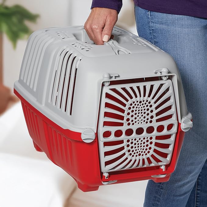 MidWest Homes for Pets Spree Travel Carrier - Hard-Sided Dog & Cat Carrier, Small Pet Travel Crate with Handle, Ventilated Design, Durable Plastic Door, Easy Assembly, 19-Inch, Red