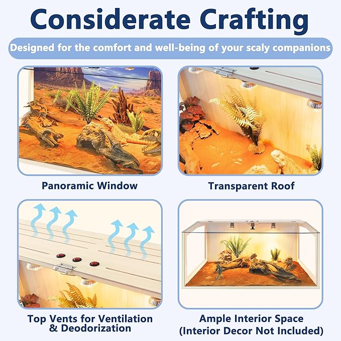 PROLEE Bearded Dragon Tank, Lizard Tank with Clear Tempered Glass Roof, Anti-Scratch Reptile Enclosure, Reptile Tank Built-in Light Fixtures with Switch (40X20X20inch,65 Gallons)