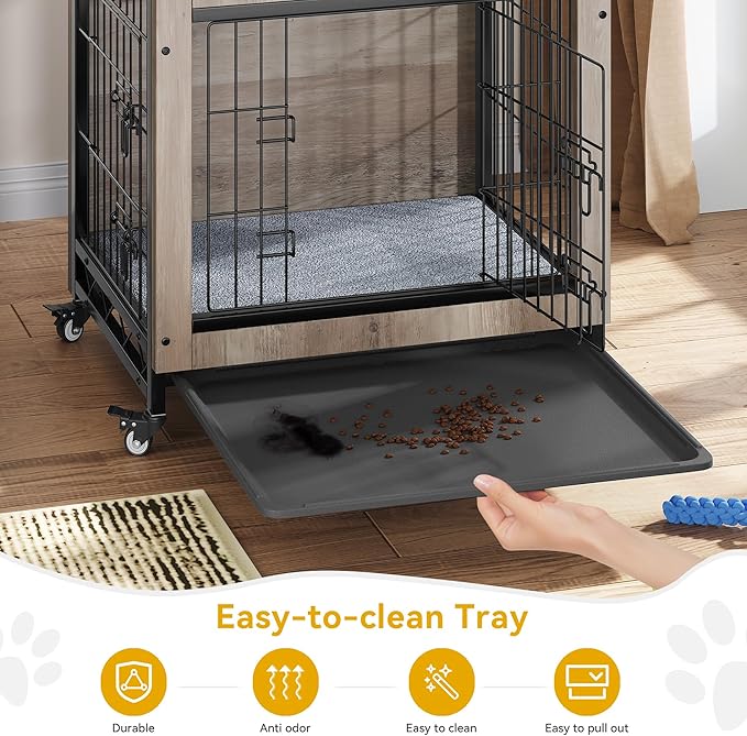 DWVO Dog Crate Furniture with Wheels, 27" Dog Kennel Indoor with Cushion, Dog Crate End Table with Tray for Small Dog (Grey)