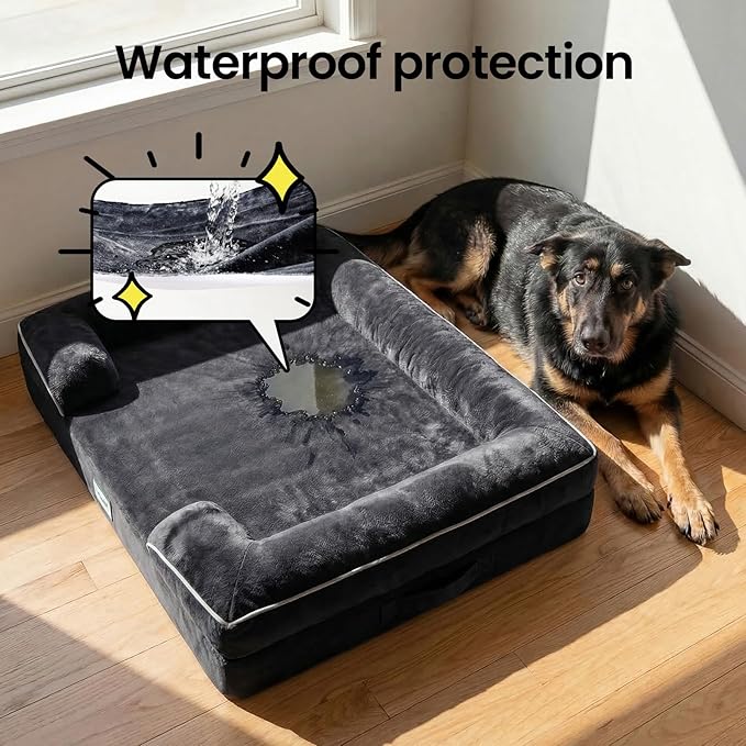 OhGeni Orthopedic Dog Bed Couch Big Cat Sofa for Extra Large Sized Pets with Memory Foam, Machine-Washable Waterproof Removable Cover, Soft Comfortable Fabric, 44-inch (Black)