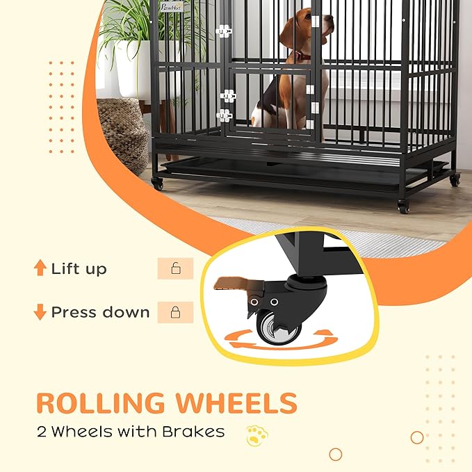 PawHut 48" Heavy Duty Dog Crate, Strong Steel Large Dog Crate with 4 Lockable Wheels, Double Doors, Openable Top and Removable Tray, for Extra Large and Large Breeds, Black