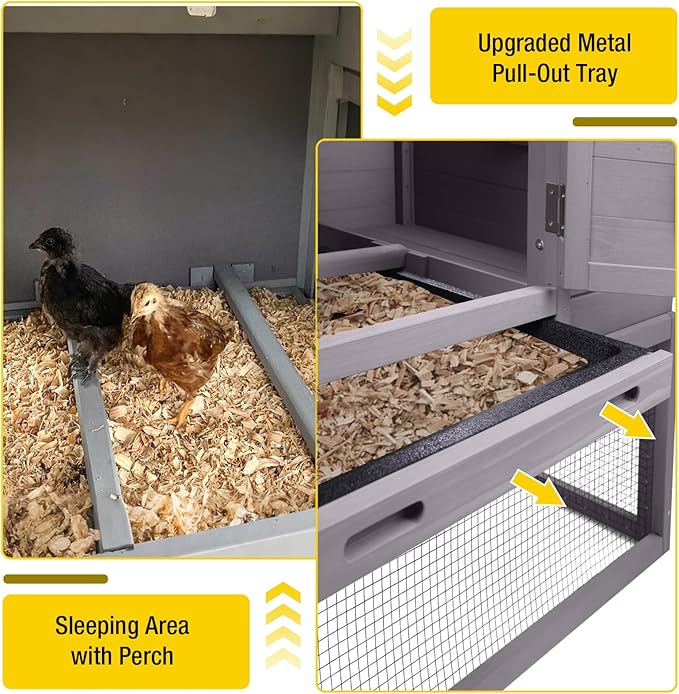 Wooden Chicken Coop, Large Chicken Tractor with Wheels, Weatherproof Hen House with Nest Box and Removable Tray, Mobile Poultry Hutch for 2-4 Chickens, Rabbits & Ducks (Grey)