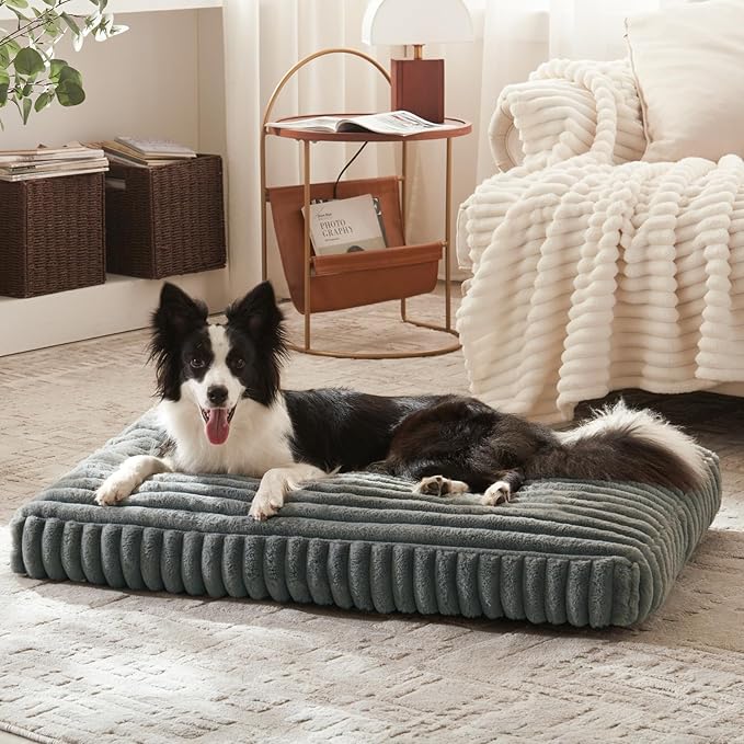 XL Dog Bed, Flat Pet Beds with Removable Washable Cover, Pet Mat Cute Dog Crate Bed Thick Shredded Chopped Crate Foam & Anti Slip Bottom for Indoor, 42"x27"x4"