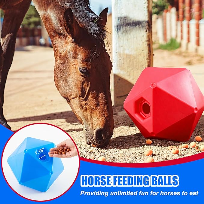 Horse Treat Ball, 9" Horse Ball Feeder Toy & Stress Reliever with 1.13 Inch Opening for Paddock, Slow Feed Enrichment Toys for Horses to Play(2 Pack,Red Blue)