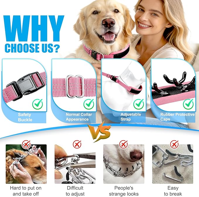 Lightweight Prong Collar for Dogs, Reflective No Pull Dog Collar | Adjustable Size Dog Pinch, Breathable Woven Fabric Air Grid Technology, Martingale Collar for Dogs Training（Pink-L）