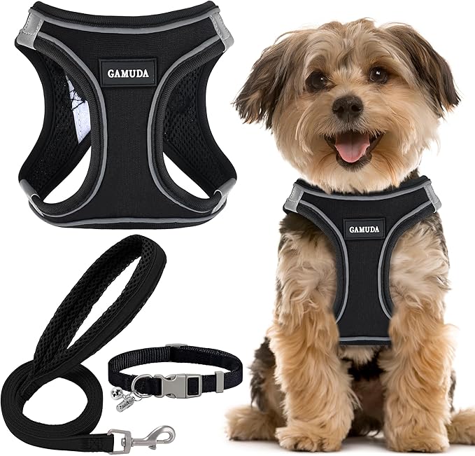 GAMUDA Small Dog Harness Collar and Leash Set, Step in No Chock No Pull Linen Fabric Soft Mesh Dog Vest Harnesses Reflective for Dogs Puppy Cats Kitten Rabbit (Black, XXS)