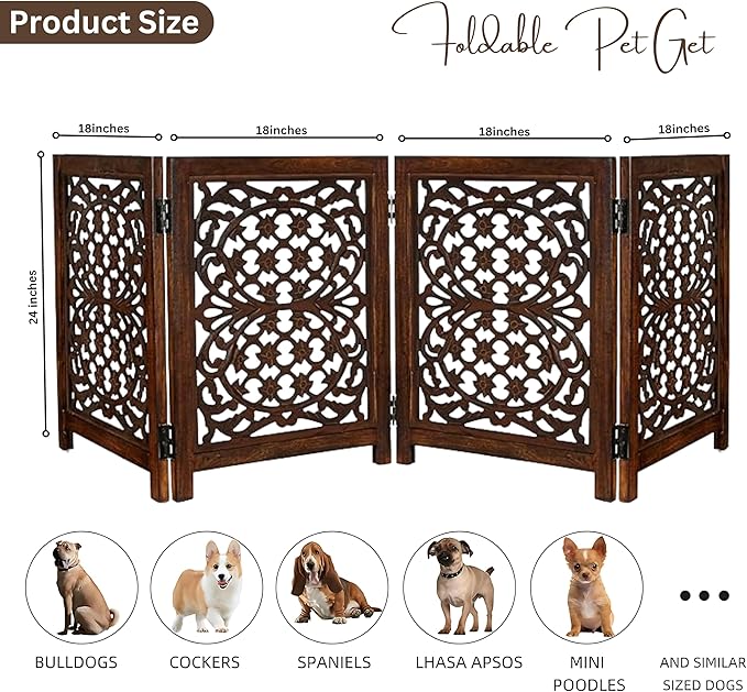 Lightnpro Foldable Carved Wooden Dog Gate with Stopper - Freestanding Indoor Pet Barrier for Home, Adjustable Dog Fence for Stairs, Doorways & Hallways - 24x18 Inch (4 Panels) Natural Burnt