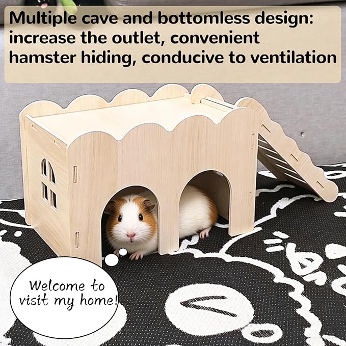 2 PCS Large Wooden Syrian Hamster Hideout Multi-Chamber Tunnel Set Hamster House Hiding Maze Platform Stuff Exploring Toy Cage Accessories for Guinea Pig Rat Mice Hedgehog Squirrel Chinchilla
