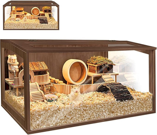 PROLEE Hamster Cage with Chewproof Wood Top, Guinea Pig Cages, Hamster Habitat with Clear Acrylic Sheets Solid Built, Small Animal Cage (Walnut, 40X19.5X19.5 inch)
