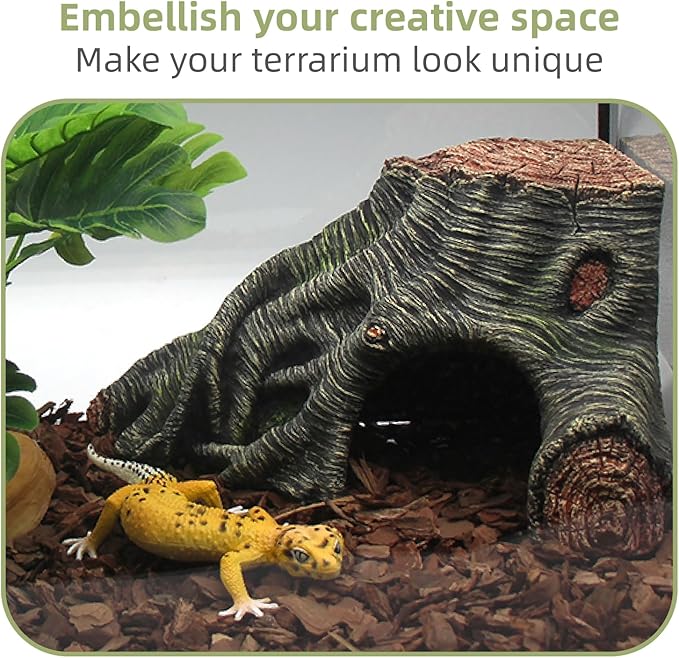 Reptile Hideouts Cave Habitat Decor, Hollow Tree Climing Ramp Basking Platform for Reptiles, Amphibians, Fish Tanks and Leopard Gecko, Snake, Lizard