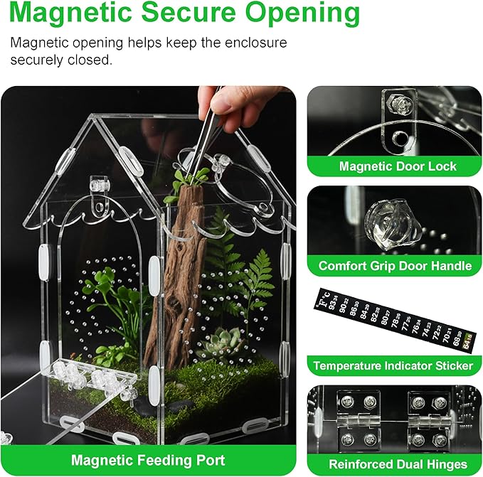 Jumping Spider Enclosure, Front-Opening Acrylic Reptile Terrarium Tank with Magnetic Lock, Clear Reptile Enclosure for Tarantulas, Geckos, Mantises and Tiny Pets(5" L × 5" W × 8" H)
