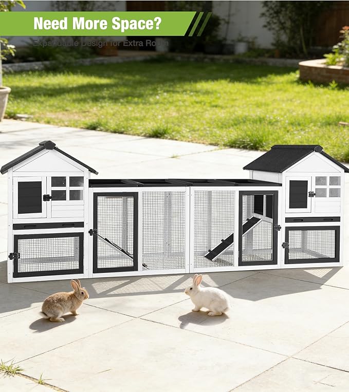 GUTINNEEN Rabbit Hutch Outdoor Rabbit Cage Indoor 51.6" L Waterproof Bunny Cage with Chew-Proof Ramp and Lockable Doors for Indoor Outdoor Use Black and White