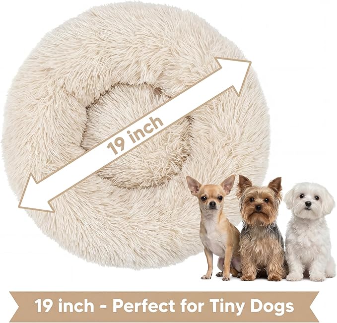 Extra Small Dog Bed 19 Inch,Calming Donut Puppy Bed,Ultra Soft Faux Fur Round Dog Bed for Chihuahua Yorkie Maltese Pomeranian,Beige