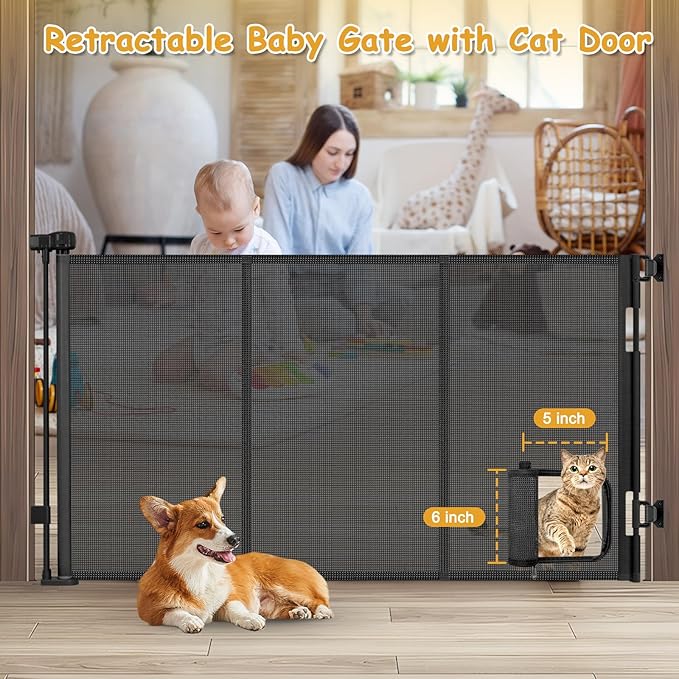 Reinforced 60” Wide Retractable Baby Gate with Cat Door 33” Tall Retractable Pet Gates with Reinforced Strips Mesh Dog Gate with Cat Door Mesh Gates for Kids or Pets Cats Can in and Out Freely,Black