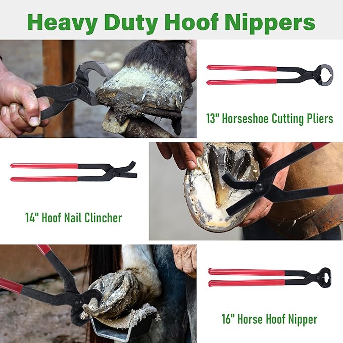 lukar 8PCS Farrier Tools Kit Horse Hoof Trimmers, Includes 16" Horse Hoof Nipper, 13" Horseshoe Cutting Pliers, 14" Hoof Nail Clincher, Hoof Hammer, Hoof Knife, Rasp File, Horseshoe Brush