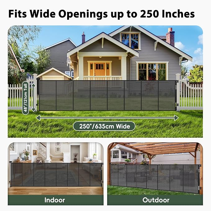250" Reinforced Extra Wide Baby Gate Retractable Dog Gate, 21ft Extra Long Baby Gate Retractable Gates for Dogs, 48" Extra Tall Pet Gate Retractable Fence Outdoor Gate for Deck/Garage/Patio, Black