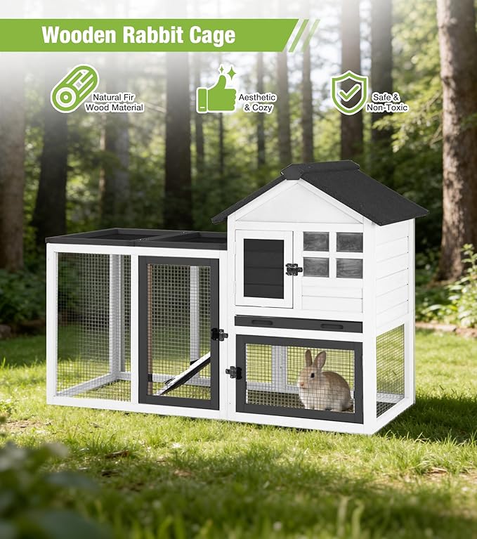 GUTINNEEN Rabbit Hutch Outdoor Rabbit Cage Indoor 51.6" L Waterproof Bunny Cage with Chew-Proof Ramp and Lockable Doors for Indoor Outdoor Use Black and White