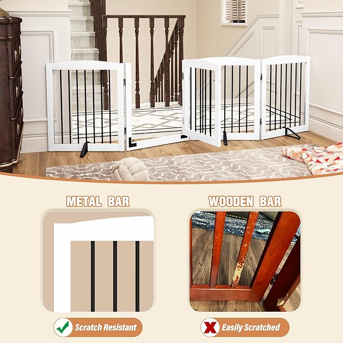 PUPETPO Freestanding Dog Gates with Door Walk Through, 80 inch Wide Gates Indoor, Dog Fences Indoor, Support Feet Included, 4 Panels, 32" Tall, White & Black