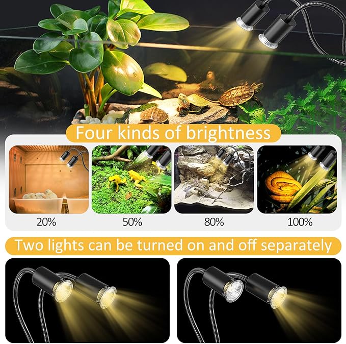 Reptile Heat Lamp with Clamp, 6 Pack Turtle Heat Lamp UVA UVB Bulbs 25/50/75w Dual Headed Timing & Dimming for Turtle Tank, Bearded Dragon, Lizard, Snake, Aquarium (E26,110V)