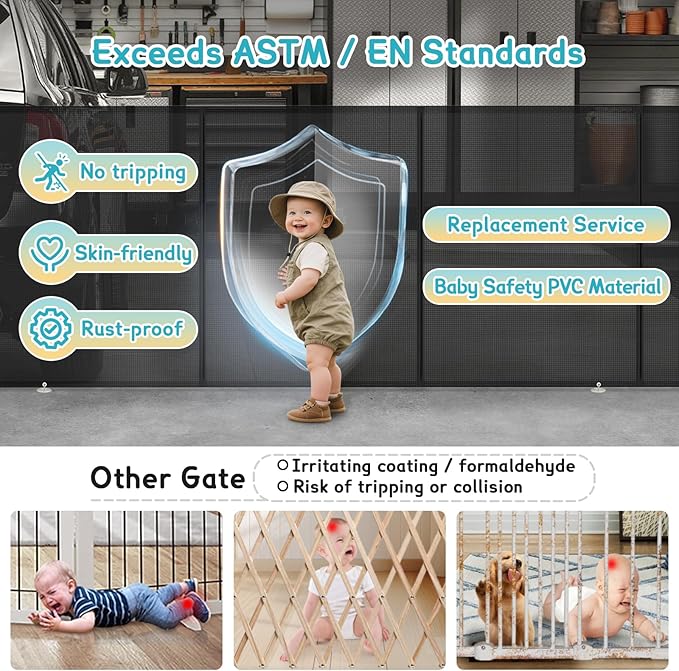 200'' Retractable Baby Gates Extra Wide, 42'' Extra Tall Retractable Dog Gate, 16 FT Black Indoor/Outdoor Retractable Gate with Reinforcement Rods for Garage, Doorways, Stairs, Decks, Driveway, Patio