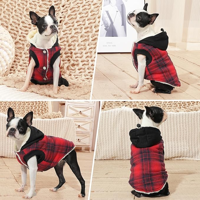 Vecomfy Fleece Lining Dog Hoodie for Small Dogs Extra Warm Plaid Sweater with Drawstring Hooded Coats in Winter Puppy Jacket,Red M