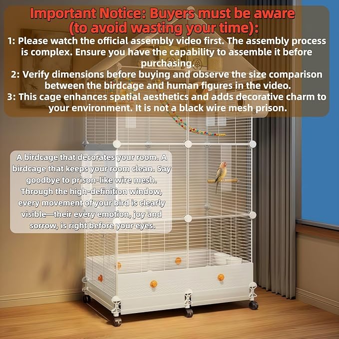60in Large Flight Bird cage, Equipped with Bird's Nest， Ladder, Swing, Feeder, etc. with Wheels for Easy Outdoor Movement, Suitable for Parrots, Pigeons (White, 28.4" L x14.2W x 60" H)