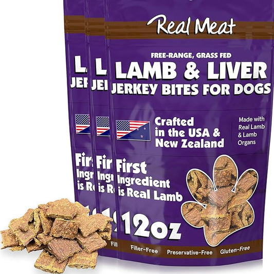 Real Meat Dog Treats - Three 12oz Bag of Bite-Sized Air-Dried Lamb & Liver Jerky for Dogs - Grain-Free Jerky Dog Treats Made up of 95% Quality, Free-Range, Grass Fed Lamb - All-Natural Dog Treats