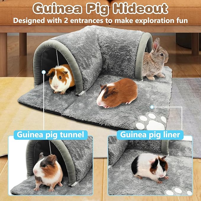 PINVNBY Guinea Pig Hideout Tunnel with Removable Base & 2 Liners and Washable Soft Rabbit Bed & Small Animal Tunnel Tube Cage Accessories for Chinchillas, Hamsters, Ferrets, Bunny（Gray）