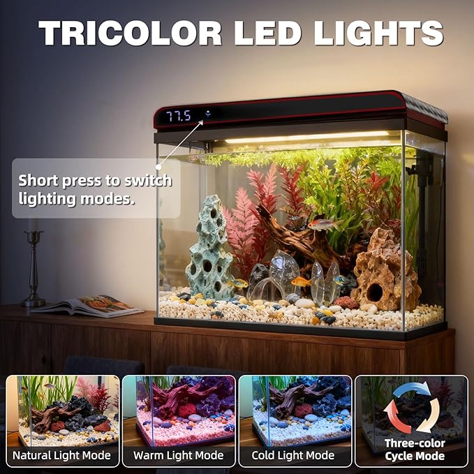 Coospider 20 Gallon Glass Fish Tank, Aquarium Starter Kit, Self-Cleaning Aquarium with 3-Color LED Lights, Quiet Filter Pump, Temperature Monitoring for Fish, Shrimp, Kids Gift Idea