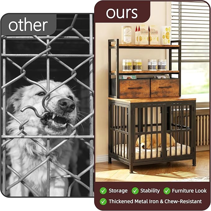 HIGDBFE Dog Crate Furniture with Drawer & Shelf, 25.5" Small Dog Crate with 4 Lockable Doors, Indoor Dog Kennel for Small Dogs, Anti-Chew Dog Cage with Storage, Rustic Brown, 43.7" H