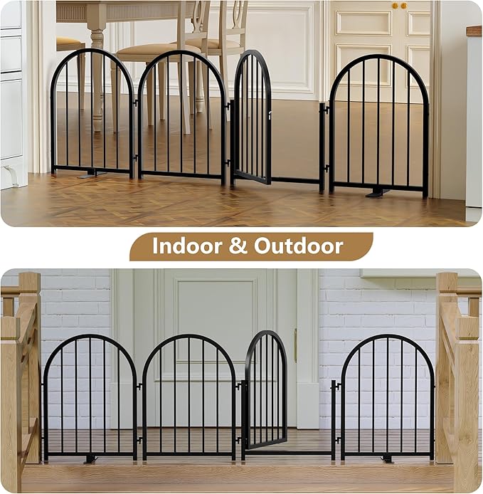 PUPETPO Full Metal Dog Gate with Door for Indoor Outdoor, 24" Tall Free Standing Pet Dog Fence, 72" Extra Wide Pet Gates for Stairs, Hallways, Doorways, Kitchen, Decks, Yards (Black, 4 Panels)
