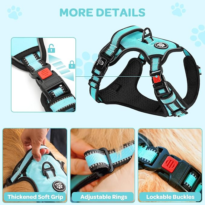 FURRYFECTION Plaid Dog Harness for Large Dogs, Reflective No Pull Adjustable Pet Vest with Front Clip, Leash, Easy Control Handle and Seat Belt, Turquoise, L