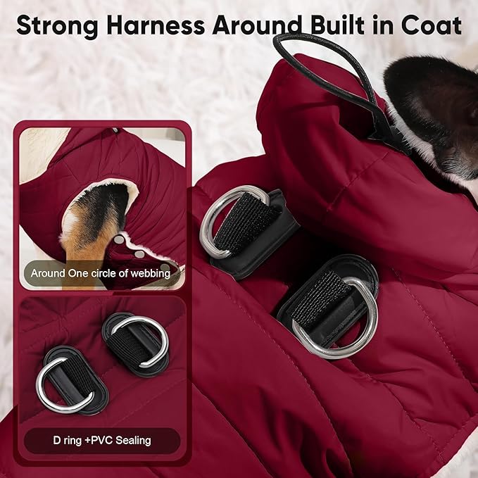 Vecomfy Fleece Lining Dog Hoodie with Harness Built in,Extra Warm Medium Dog Jacket in Winter Doggie Coats with Drawstring Hooded,Red XL