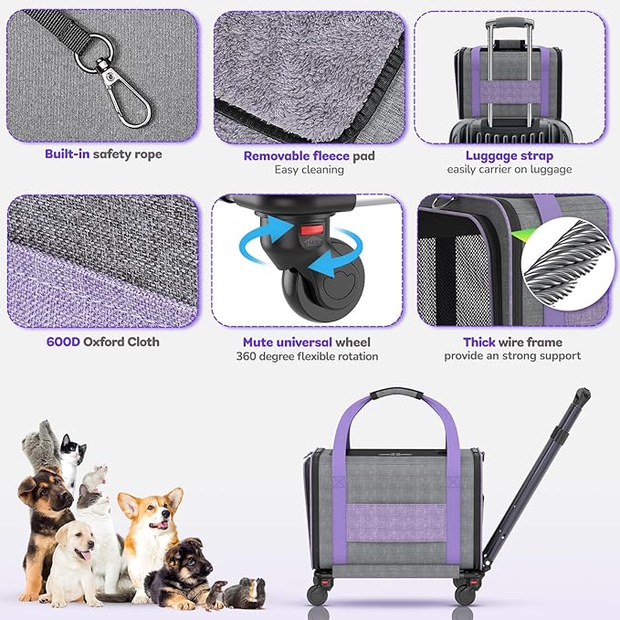 Cat Carrier on Wheels Airline Approved: Betopet Rolling Cat Carrier for Small Dog Medium Cat Under 18lbs - Cat Soft Carrier Pet Travel Bag TSA Approved Under Seat for Airplane Transport Flight
