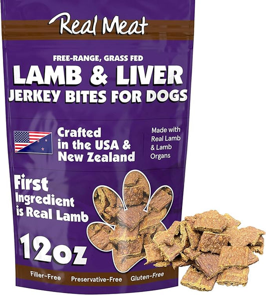 TRMC Real Meat Dog Treats - 12oz Bag of Bite-Sized Air-Dried Lamb & Liver Jerky for Dogs - Grain-Free Jerky Dog Treats Made up of 95% Free-Range, Grass Fed Lamb - All-Natural Dog Treats