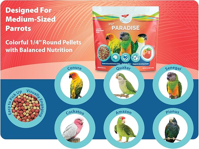 Scenic Mix Paradise Medium Parrot Food - 7 lb (2 x 3.5 lb Bags) - 1/4" Bird Pellets - Complete Nutrition for Sun Conures, Pionus, Senegals, Caiques & More