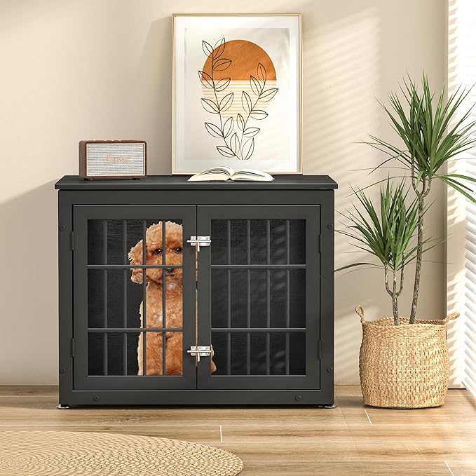 rehomerance 32" Heavy Duty Dog Crate Furniture for Small and Medium Dogs, Metal Kennel for High Anxiety Dogs, Chew Proof Pet Cage Indoor, Decorative Dog Kennel End Table
