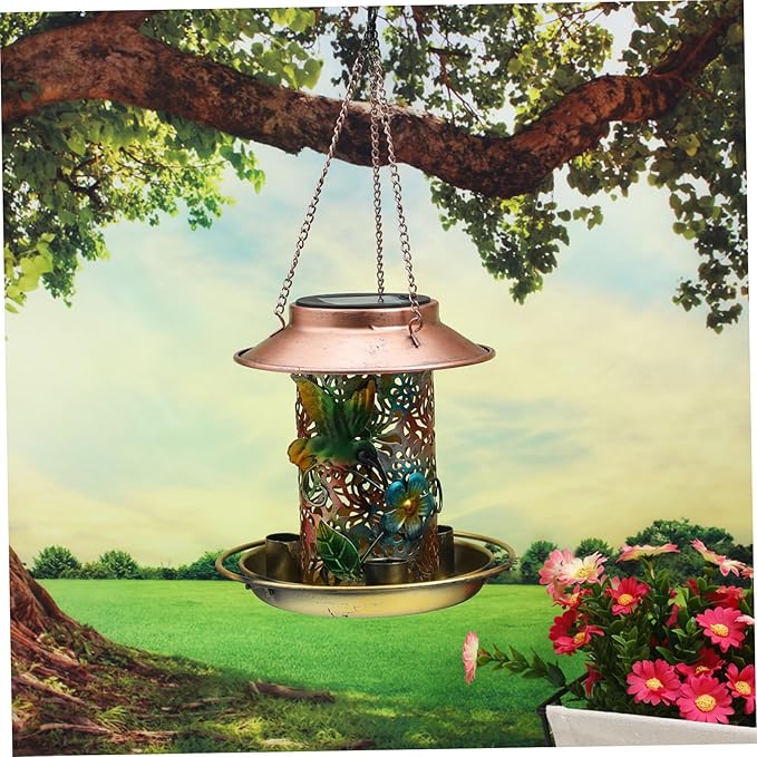 VANZACK Solar Bird Feeder Sturdy Metal Design for Outdoors Unique Hanging Bird Feeder with Elegant Patterns Water Cup for Attracting Garden Birds