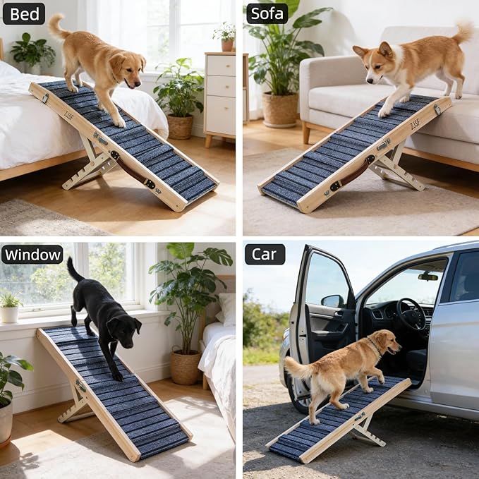 ZJSF Foldable Wooden Dog Ramp for High Bed, Dog Stairs for Small Dogs, High Traction Platform with 4 Adjustable Heights (14"-19.7"), 33", Supports up to 70 lbs