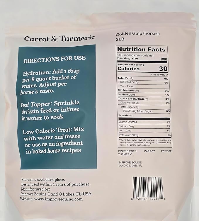 Low Calorie Hydration, Feed Topper & Treat | Safe, NO Electrolyte/Salt for Daily Intake | No Sugar Added (2LB Bag (100 Servings), Golden Gulp - Carrot & Turmeric)