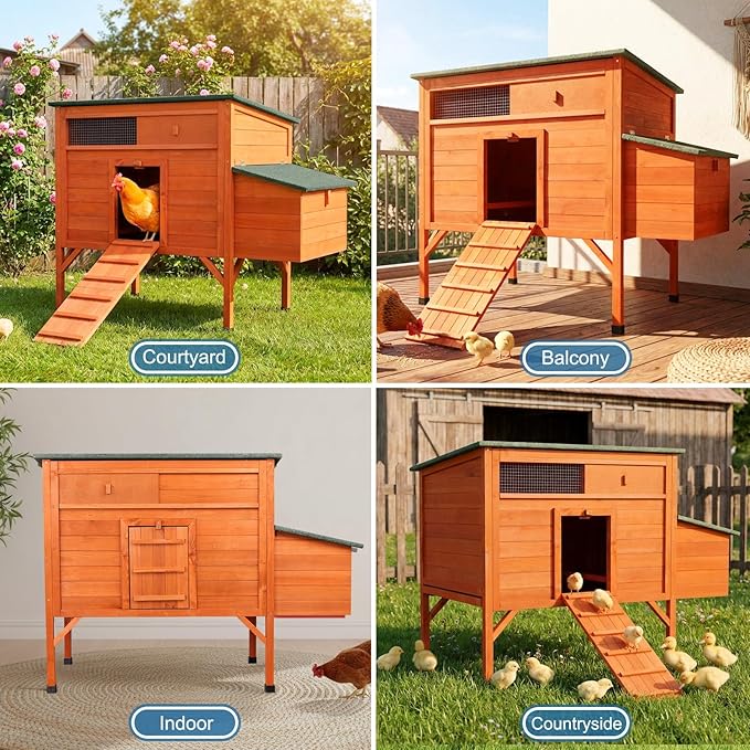 FunXplore Outdoor Chicken Coop Weatherproof Wooden Hen House Small Animal Pet Hutch with Asphalt Roof Elevated Legs Removable PVC Layer Above Nest Box Pull-Out Tray