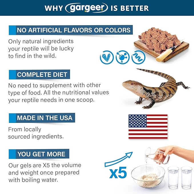 Gargeer 3oz Blue Tongue Skink Food. Complete Gel Diet for Both Juveniles and Adults. Proudly Made in The USA, Using Premium Ingredients, Fortified Gourmet Formula. Enjoy!