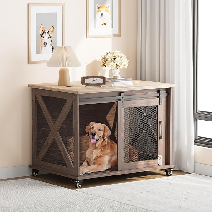 GarveeLife 37" Dog Crate Furniture, Side End Table, Farmhouse Dog Crate with Sliding Barn Door, Flip Top Wooden Dog Kennel with Wheels and Movable Divider, Indoor Dog Cage House for Medium Dogs