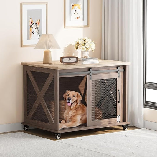GarveeLife 37" Dog Crate Furniture, Side End Table, Farmhouse Dog Crate with Sliding Barn Door, Flip Top Wooden Dog Kennel with Wheels and Movable Divider, Indoor Dog Cage House for Medium Dogs