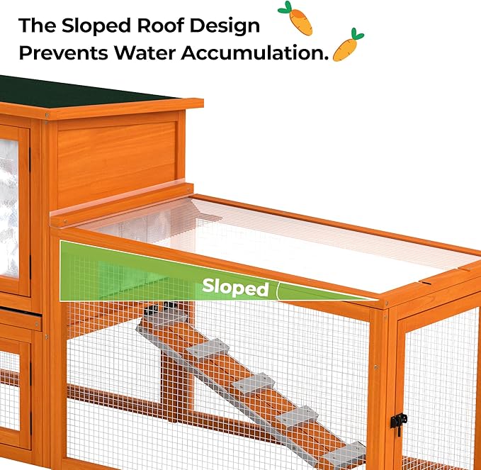 COZIWOW Large Wooden Rabbit Hutch Outdoor Indoor Bunny Cage, 2-Level Small Animal House Enclosure with All-Covered Sloped Roof (Orange with Warm)