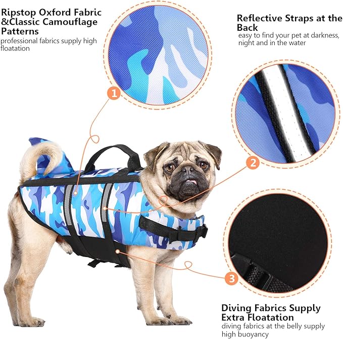 Queenmore Dog Life Jacket Pet Safety Vest High Buoyancy Camouflage Color Cute Shark with Strong Rescue Handle and Leash Ring for Boating, Canoeing, Surfing, Hunting, Blue S