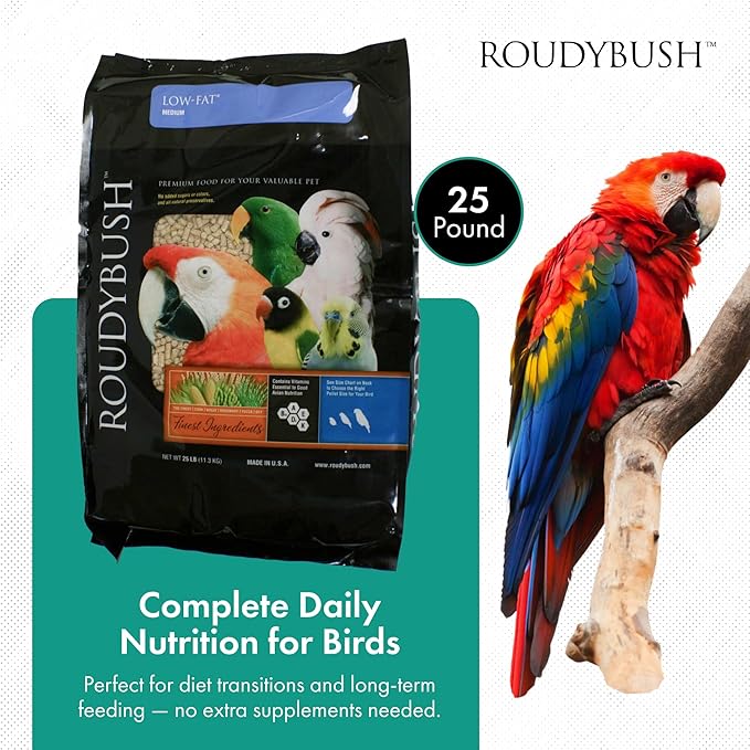 RoudyBush Low Fat Food for Adult Birds & Chicks - Scientifically Formulated Bird Feed, Bird Food Pellets w/Corn, Wheat, Soy & More - Nutritious & Healthy Feed for Birds (Medium, 25lb)