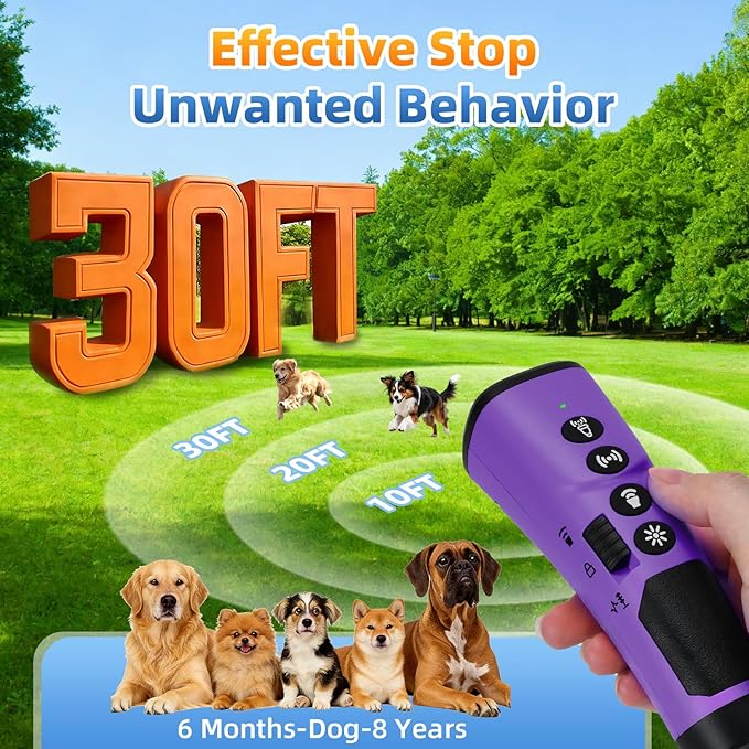 4X Ultrasonic Dog Bark Deterrent Device, 2026 Newest Stop Neighbors Dog Barking, 4 Nozzles Up 100% Efficiency, 3 Modes Humane Training Tool with Flashlight , Safe for Pet Indoor Outdoor(Purple)