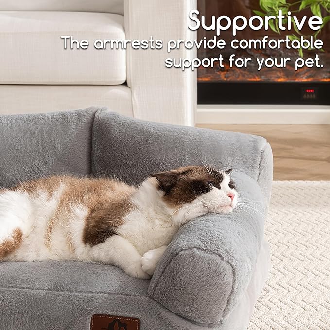Hollypet Fluffy Dog Cat Bed Pet Couch Beds Plush Soft Warming Washable Puppy Bed for Small Medium Dogs and Large Cats, Silver Gray, 24" L x 18" W x 10" Th
