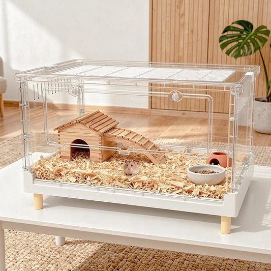 Larger Acrylic Transparent Hamster Cage - Small Animal Cage for Guinea Pig, Hedgehog,Dwarf Hamster, Rat,Mouse,Ferret, Sugar Glider and Bird,DIY Extendable & Stackable（27.5" Lx16.9 Wx15.4 H）